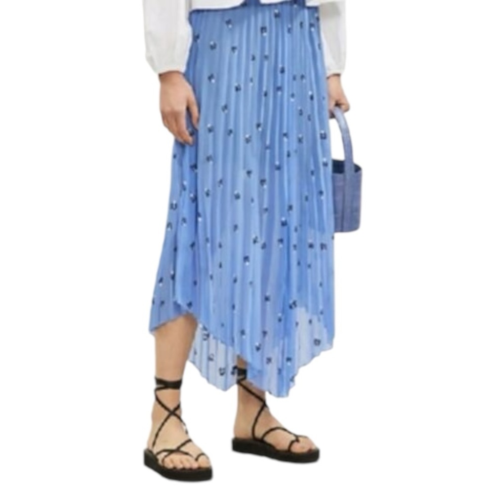 Maje jengo has pleated heart print midi blue skirt